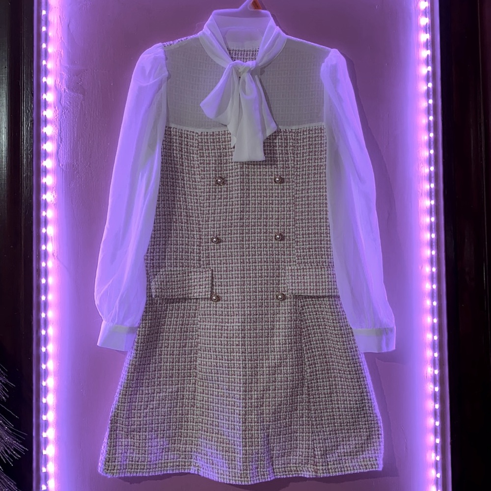 Tie Neck Pearls Button Tweed Panel Dress - Pink